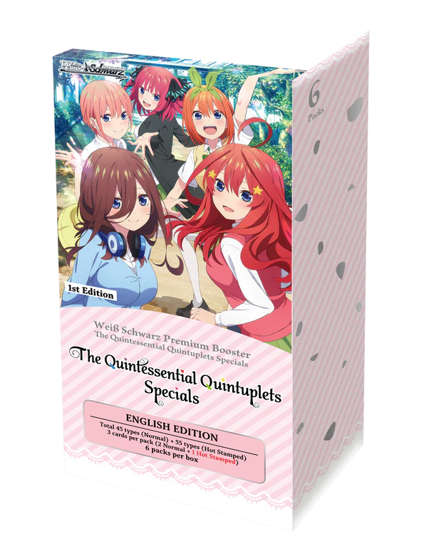 Weiss Schwarz The Quintessential Quintuplets Specials Premium Booster Box Looking to expand your Weiss Schwarz collection with a premium Japanese-inspired release? The Weiss Schwarz The Quintessential Quintuplets Specials Premium Booster Box brings together exciting collectible cards featuring the beloved Quintessential Quintuplets universe. Whether you are a dedicated collector or a competitive Weiss Schwarz player, this premium box offers an engaging opening experience. Premium Weiss Schwarz Booster Box for Collectors This premium booster box provides an excellent way to discover character cards, special designs, and memorable moments from the series. Moreover, its premium presentation makes it a strong addition to any sealed product collection. Each box creates anticipation as you uncover cards that can complement your existing deck or collection. Collectors can also enjoy the artwork and character-focused designs associated with The Quintessential Quintuplets. Therefore, this release works particularly well for fans who appreciate both anime collectibles and strategic trading card games. The Quintessential Quintuplets Premium Cards The set combines the world of The Quintessential Quintuplets with the gameplay and collectible appeal of Weiss Schwarz. As a result, fans can enjoy recognizable characters while exploring new cards for their collection. Furthermore, premium releases can add variety to a sealed collection. Keeping a booster box unopened can preserve its presentation, while opening it provides the excitement of discovering cards individually. Buy Weiss Schwarz The Quintessential Quintuplets Specials The Weiss Schwarz The Quintessential Quintuplets Specials Premium Booster Box is an attractive choice for collectors searching for premium anime trading cards. In addition, it makes a thoughtful gift for fans of the series and enthusiasts who enjoy collecting Weiss Schwarz products. When adding this box to your collection, consider pairing it with protective sleeves, storage boxes, or display accessories. This approach helps keep your cards organized and protected while enhancing your overall collecting experience. Why Choose This Premium Booster Box? The combination of anime artwork, collectible cards, and Weiss Schwarz gameplay makes this release appealing to a wide audience. Finally, whether you plan to open the box, build your collection, or keep it sealed, this premium booster box offers an exciting way to celebrate The Quintessential Quintuplets.